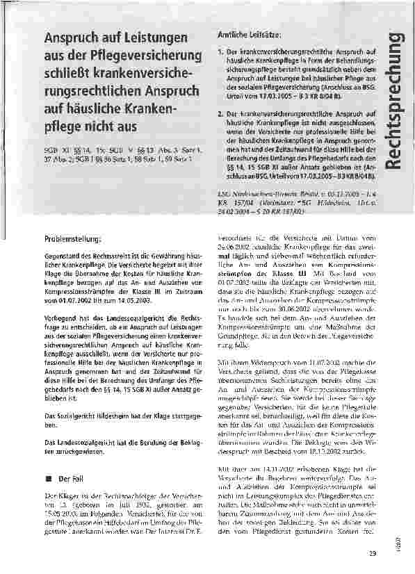Vorschauseite 1: Anspruch auf Leistungen aus der Pflegeversicherung schließt krankenversicherungsrechtlichen Anspruch auf häusliche Krankenpflege nicht aus