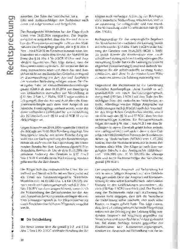 Vorschauseite 2: Anspruch auf Leistungen aus der Pflegeversicherung schließt krankenversicherungsrechtlichen Anspruch auf häusliche Krankenpflege nicht aus
