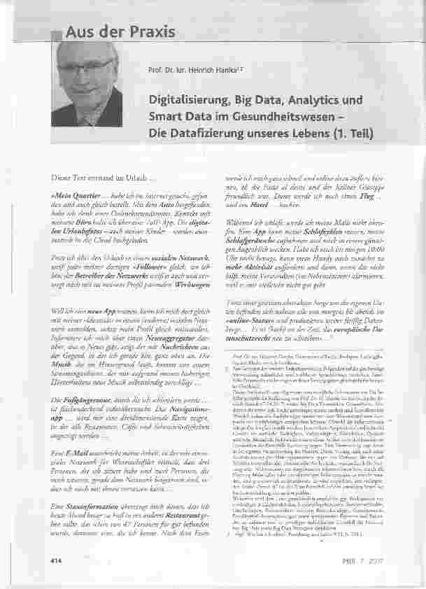 Vorschauseite 1: Digitalisierung, Big Data, Analytics und Smart Data im Gesundheitswesen Die Datafizierung unseres Lebens (1. Teil)