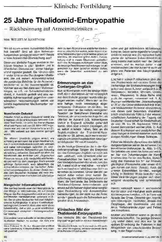 Vorschauseite 1: 25 Jahre Thalidomid-Embryopathie Rückbesinnung auf Arzneimittelrisiken