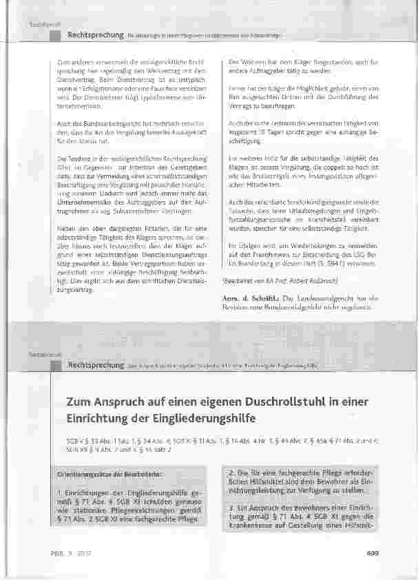 Vorschauseite 1: Zum Anspruch auf einen eigenen Duschrollstuhl in einer Einrichtung der Eingliederungshilfe
