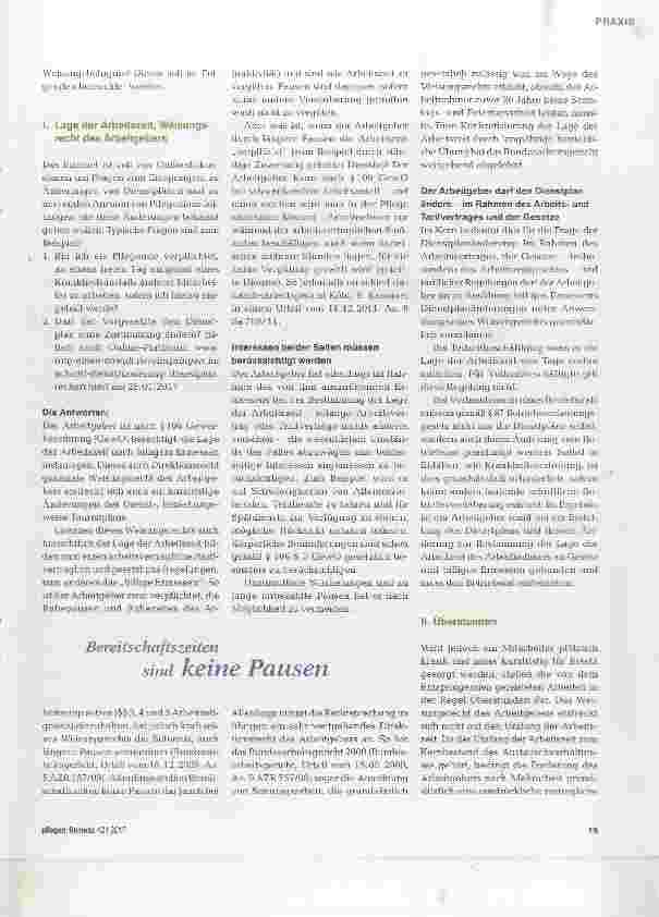 Vorschauseite 2: Geht es noch? Was sagt der Gesetzgeber zu Überstunden, kurzfristigen Dienstplan-Anderungen, Urlaubsregelungen, Überlastung und Wiedereingliederung nach längerer Krankheit?