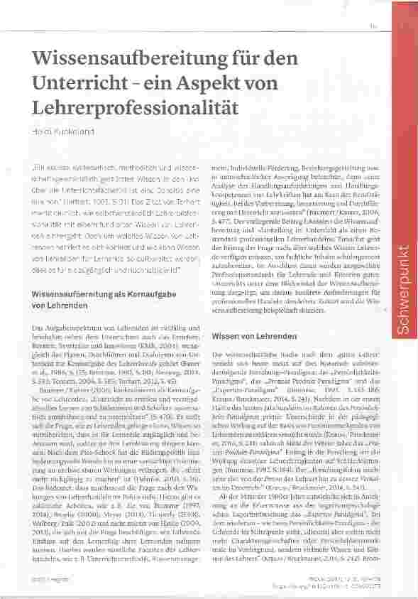Vorschauseite 1: Wissensaufbereitung für den Unterricht ein Aspekt von Lehrerprofessionalität