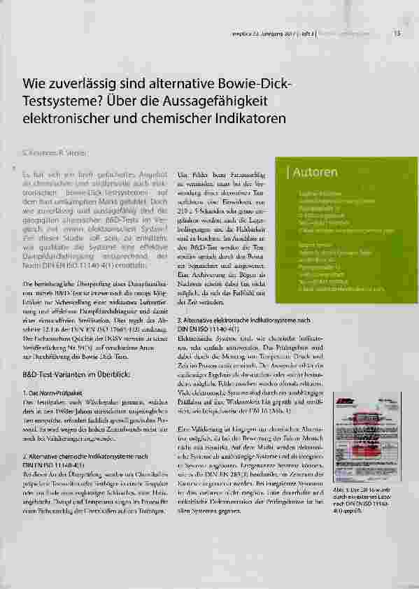 Vorschauseite 1: Wie zuverlässig sind alternative Bowie-Dick- Testsysteme? Über die Aussagefähigkeit elektronischer und chemischer Indikatoren