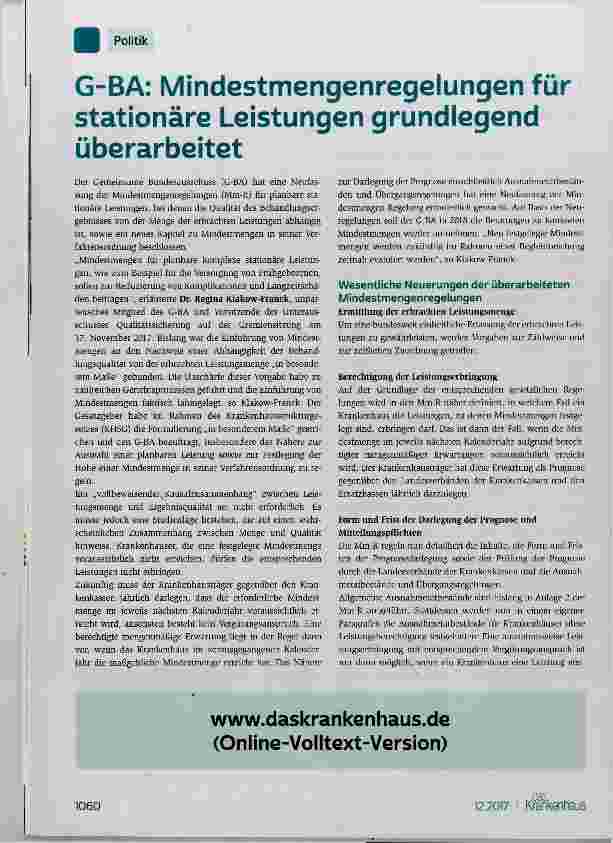 Vorschauseite 1: G-BA: Mindestmengenregelungen für stationäre Leistungen grundiegend überarbeitet