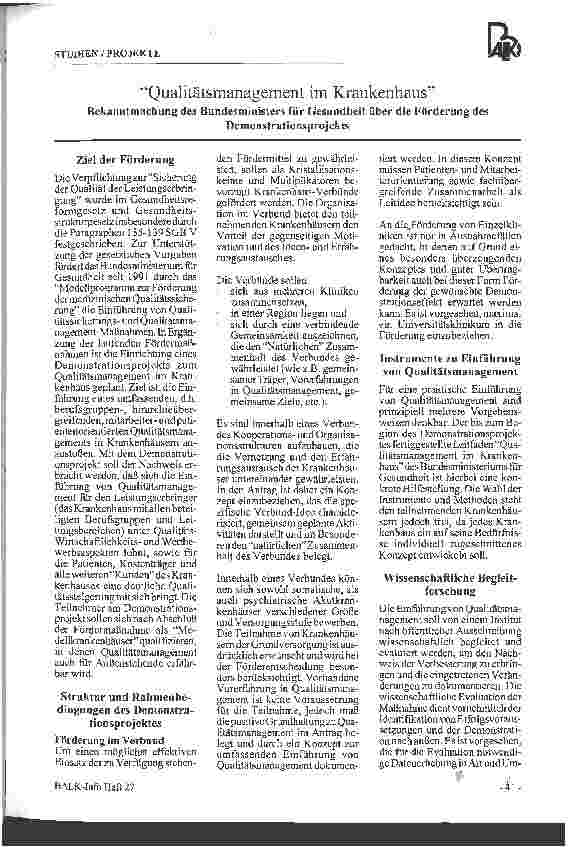 Vorschauseite 1: Qualitätsmanagement im Krankenhaus Bekanntmachung des Bundesministers für Gesundheit über die Förderung des Demonstrationsprojektes