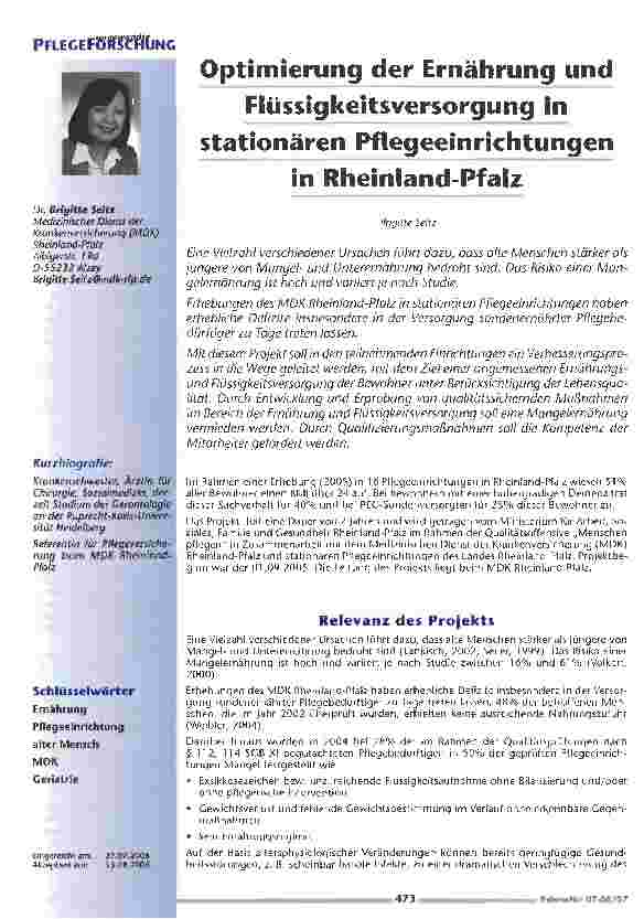 Vorschauseite 1: Optimierung der Ernährung und Flüssigkeitsversorgung in stationären Pflegeeinrichtungen in Rheinland-Pfalz
