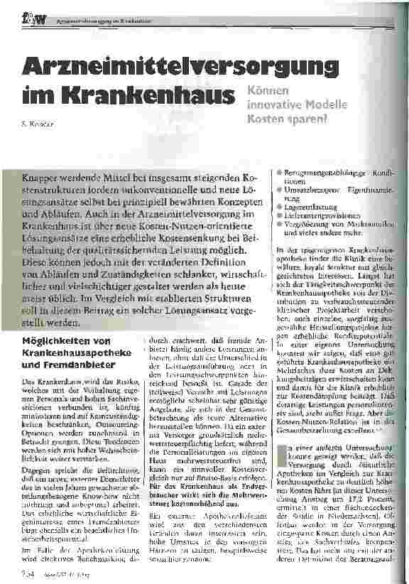 Vorschauseite 1: Arzneimittelversorgung im Krankenhaus Können innovative Modelle Kosten sparen?