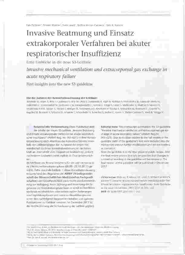 Vorschauseite 1: Invasive Beatmung und Einsatz extrakorporaler Verfahren bei akuter respiratorischer Insuffizienz