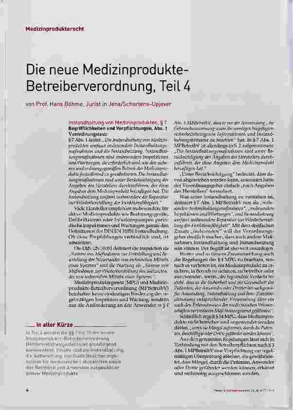 Vorschauseite 1: Die neue Medizinprodukte- Betreiberverordnung, Teil 4