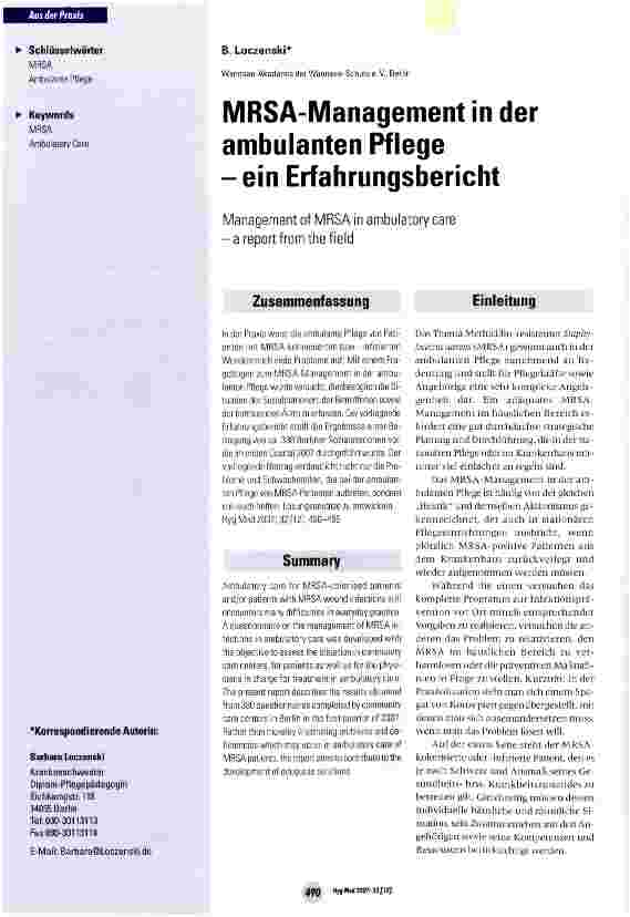 Vorschauseite 1: MRSA-Management in der ambulanten Pflege -ein Erfahrungsbericht