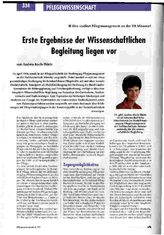 Vorschauseite 1: Erste Ergebnisse der Wissenschaftlichen Begleitung liegen vor Wer studiert Pflegemanagement an der FH Münster