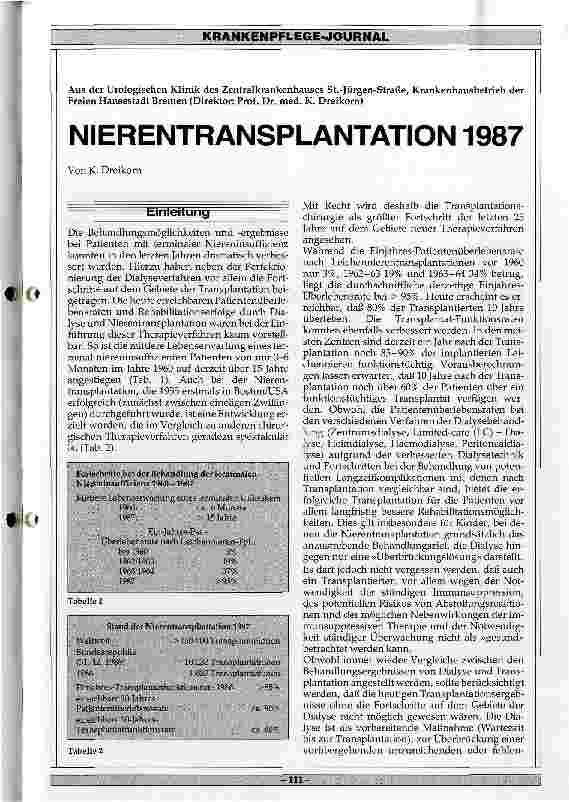 Vorschauseite 1: Nierentransplantationen 1987