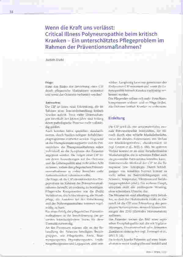 Vorschauseite 1: Wenn die Kraft uns verlässt: Critical lllness Polyneuropathie beim kritisch Kranken - Ein unterschätztes Pflegeproblem im Rahmen der Präventionsmaßnahmen?