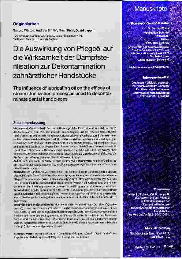 Vorschauseite 1: Die Auswirkung von Pflegeöl auf die Wirksamkeit der Dampfsterilisation zur Dekontamination zahnärztlicher Handstücke