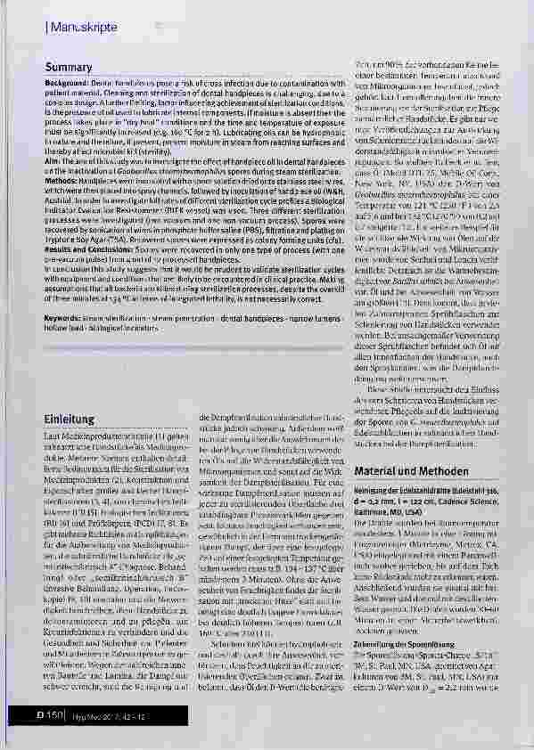 Vorschauseite 2: Die Auswirkung von Pflegeöl auf die Wirksamkeit der Dampfsterilisation zur Dekontamination zahnärztlicher Handstücke