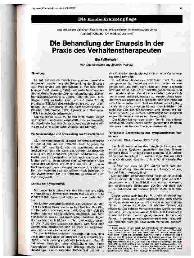 Vorschauseite 1: Die Behandlung der Enuresis in der Praxis des Verhaltenstherapeuten Fallbeispiel