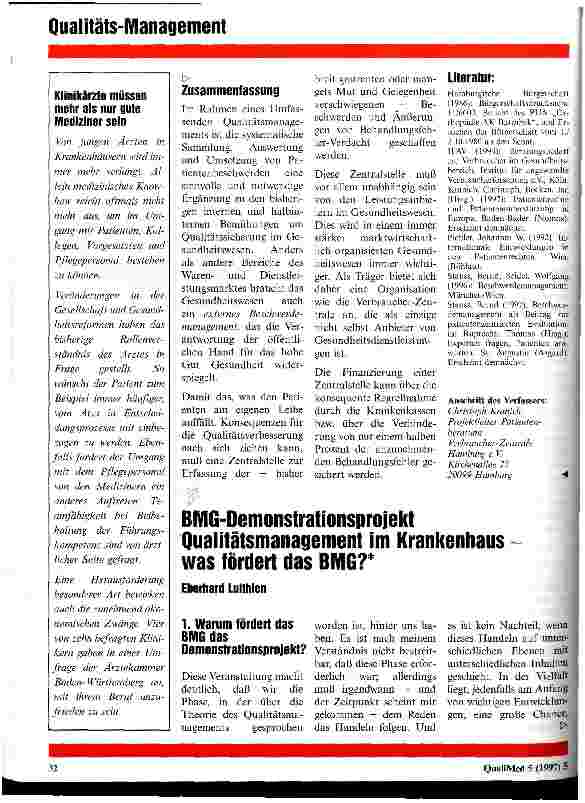 Vorschauseite 1: BMG-Demonstrationsprojekt Qualitätsmanagement im Krankenhaus - was fördert das BMG?