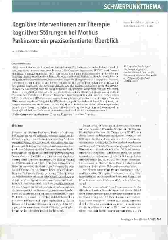 Vorschauseite 1: Kognitive Interventionen zur Therapie kognitiver Störungen bei MorbusParkinson: ein praxisorientierter Überblick