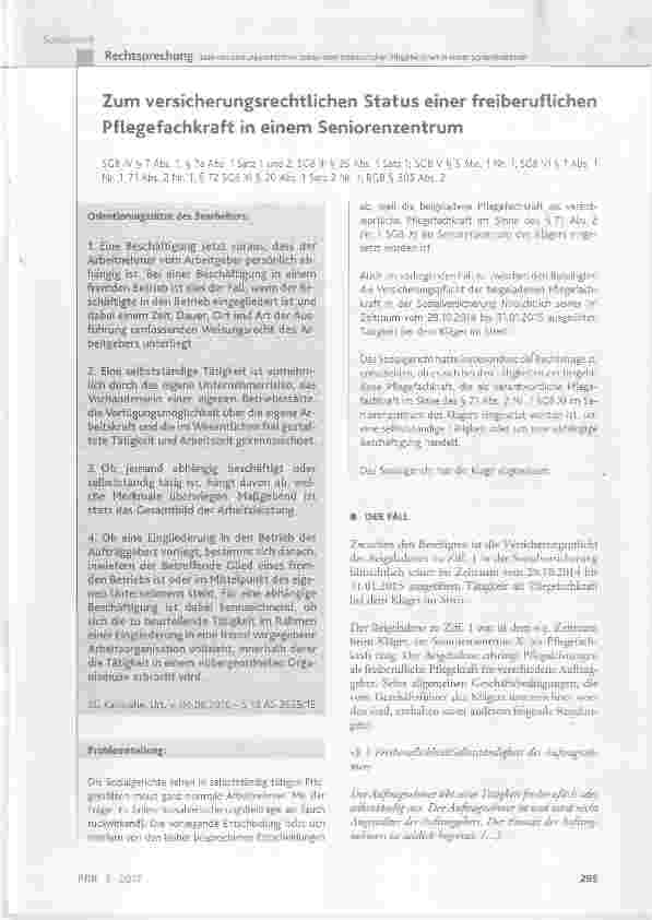 Vorschauseite 1: Zum versicherungsrechtlichen Status einer freiberuflichenPflegefachkraft in einem Seniorenzentrum