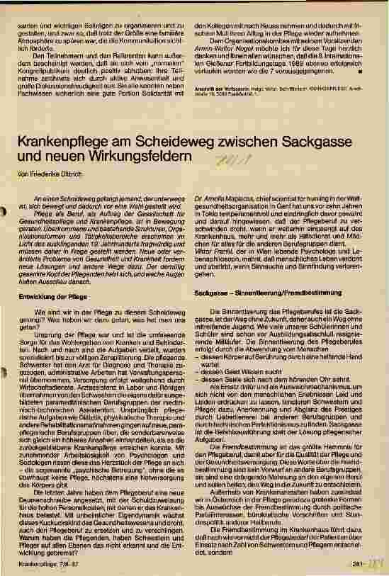 Vorschauseite 1: Krankenpflege am Scheideweg zwischen Sackgasse und neuen Wirkungsfeldern