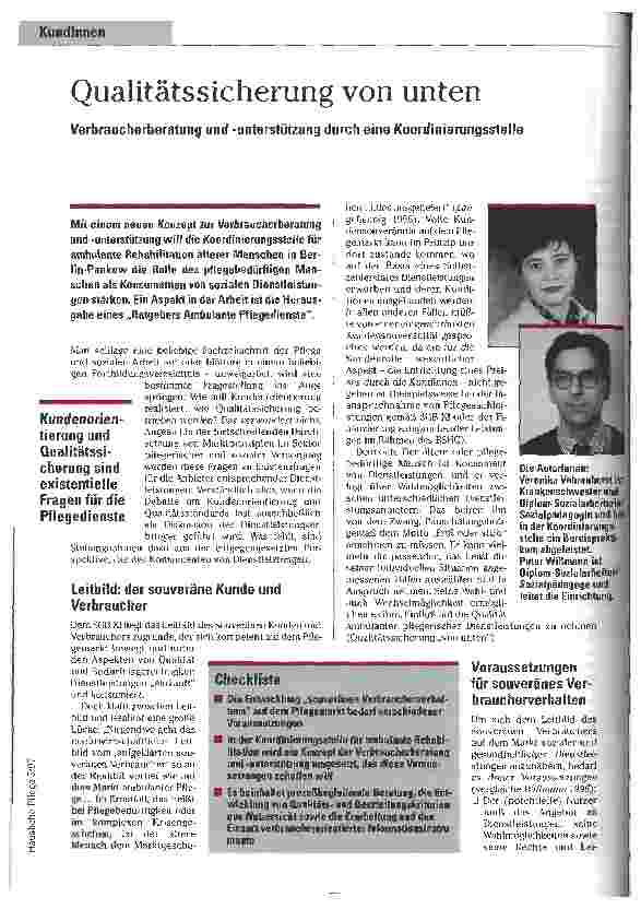 Vorschauseite 1: Qualitätssicherung von unten Verbraucherberatung und -unterstützung durch eine Koordinationsstelle