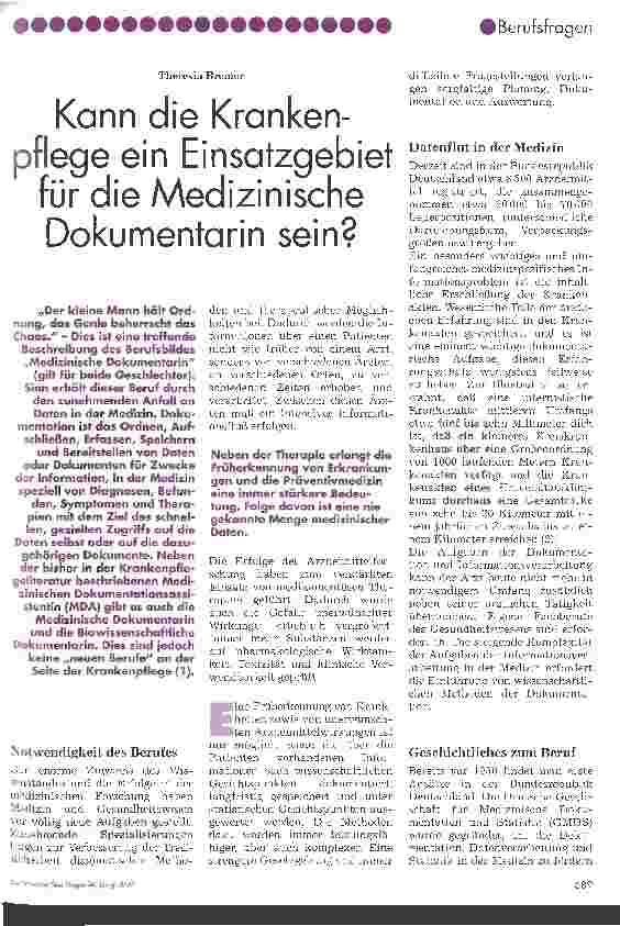 Vorschauseite 1: Kann die Krankenpflege ein Einsatzgebiet für die Medizinische Dokumentarin sein?