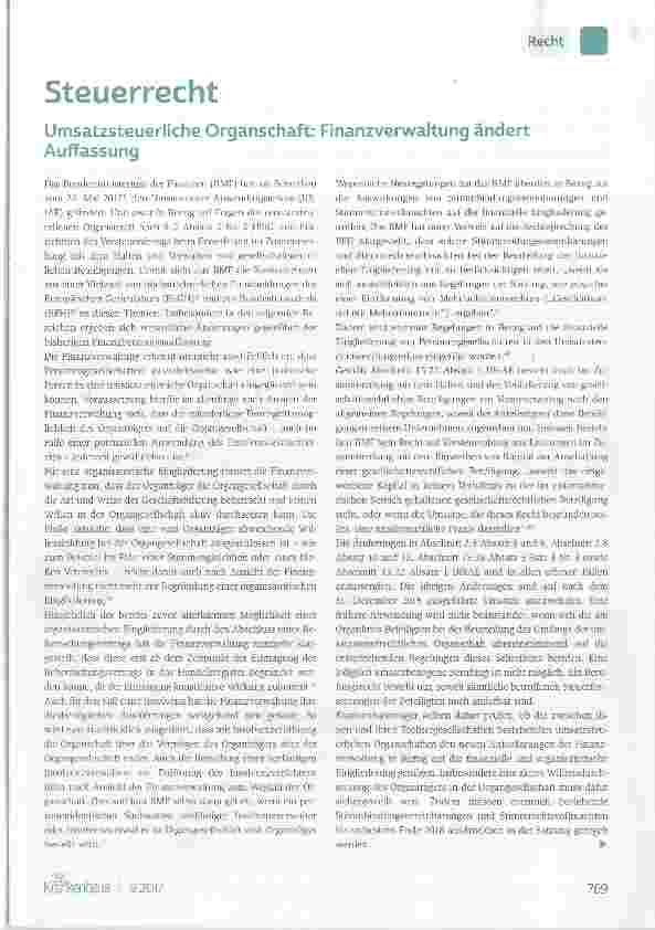 Vorschauseite 1: Umsatzsteuerliche Organschaft: Finanzverwaltung ändert Auffassung