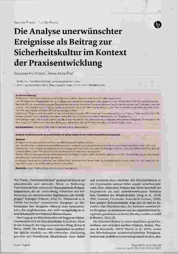 Vorschauseite 1: Die Analyse unerwünschter Ereignisse als Beitrag zur Sicherheitskultur im Kontext der Praxisentwicklung