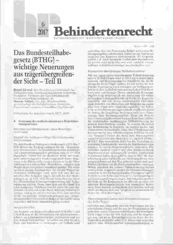 Vorschauseite 1: Das Bundesteilhabegesetz (BTHG) wichtige Neuerungen aus trägerübergreiiender Sicht-Teil II