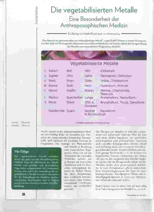 Vorschauseite 1: Die vegetabilisierten Metalle Eine Besonderheit der Anthroposophischen Medizin