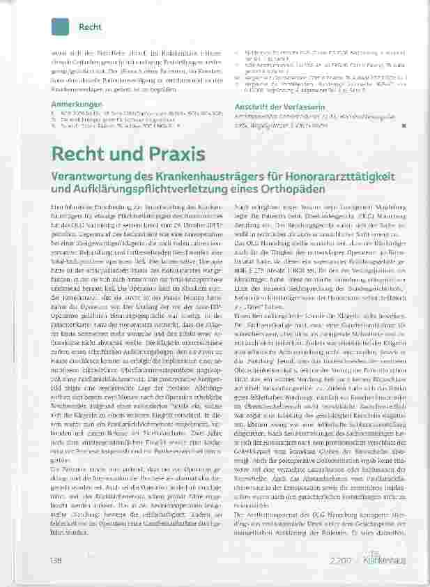 Vorschauseite 1: Verantwortung des Krankenhausträgers für Honorararzttätigkeit und Aufklärungspflichtverletzung eines Orthopäden