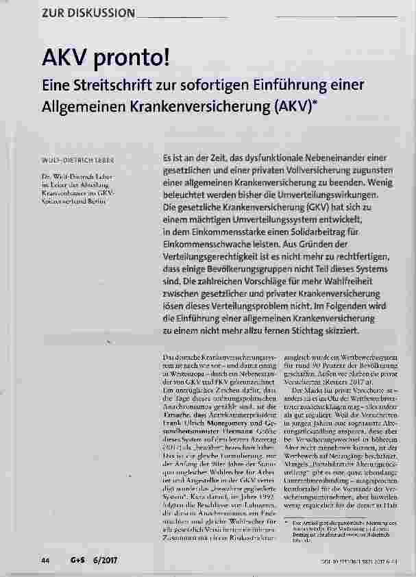 Vorschauseite 1: AKV pronto! Eine Streitschrift zur sofortigen Einführung einer Allgemeinen Krankenversicherung (AKV)*