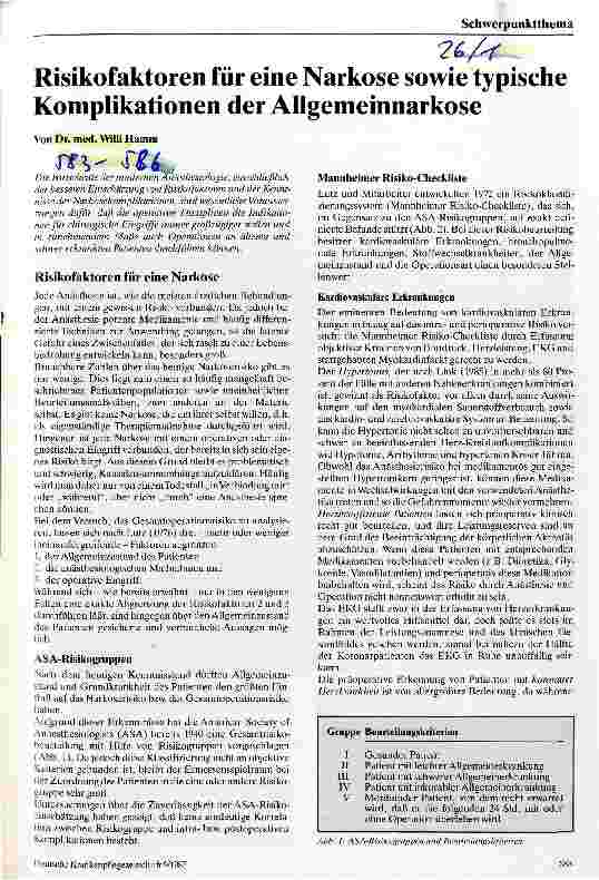 Vorschauseite 1: Risikofaktoren für eine Narkose sowie typische Komplikationen der Allgemeinnarkose