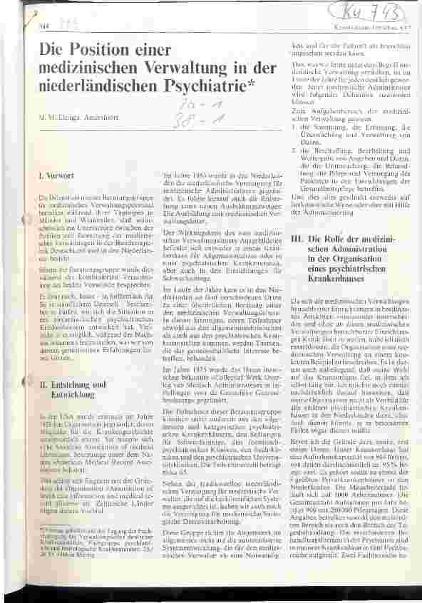 Vorschauseite 1: Die Position einer medizinischen Verwaltung in der niederländischen Psychiatrie