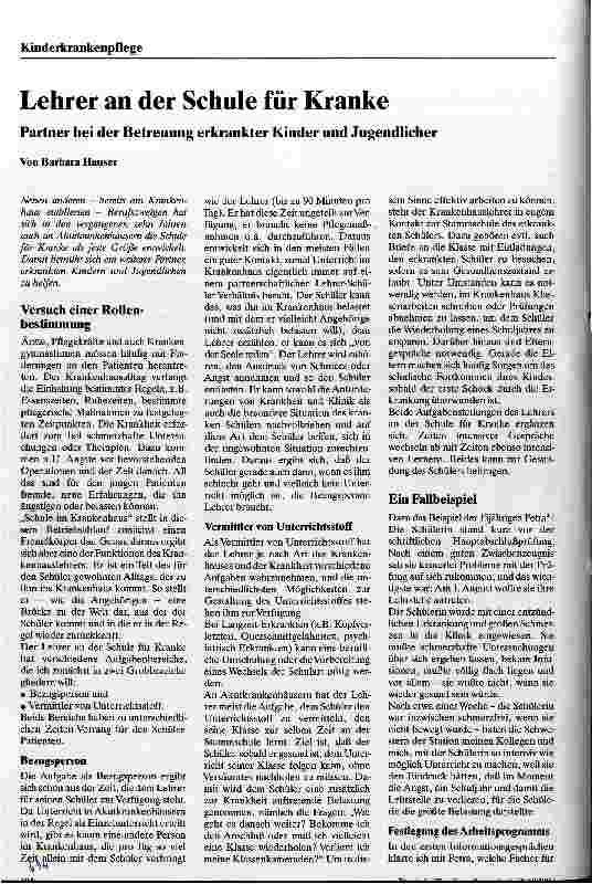 Vorschauseite 1: Lehrer an der Schule für Kranke Partner bei der Betreuung erkrankter Kinder und Jugendlicher