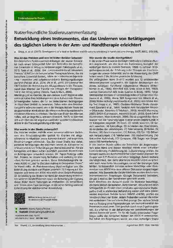 Vorschauseite 1: Entwicklung eines Instrumentes, das das Umlernen von Betätigungen des täglichen Lebens in der Armund Handtherapie erleichtert