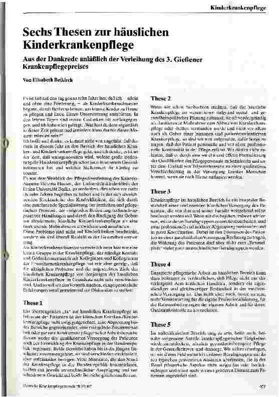 Vorschauseite 1: Sechs Thesen zur häuslichen Kinderkrankenpflege Aus der Dankrede anläßlich der Verleihung des 3. Gießener Krankenpflegepreises