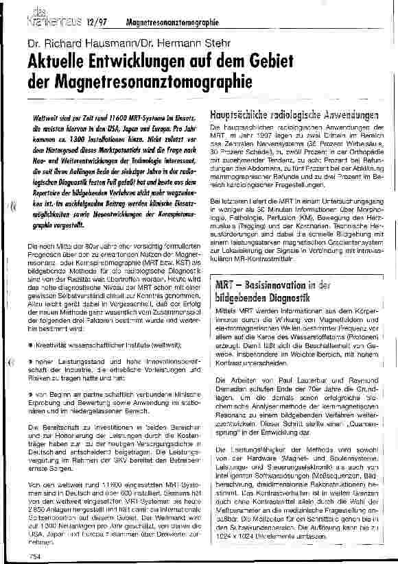 Vorschauseite 1: Aktuelle Entwicklungen auf dem Gebiet der Magnetresonanztomographie