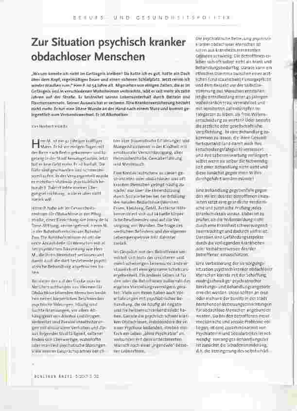 Vorschauseite 1: Zur Situation psychisch kranker obdachloser Menschen