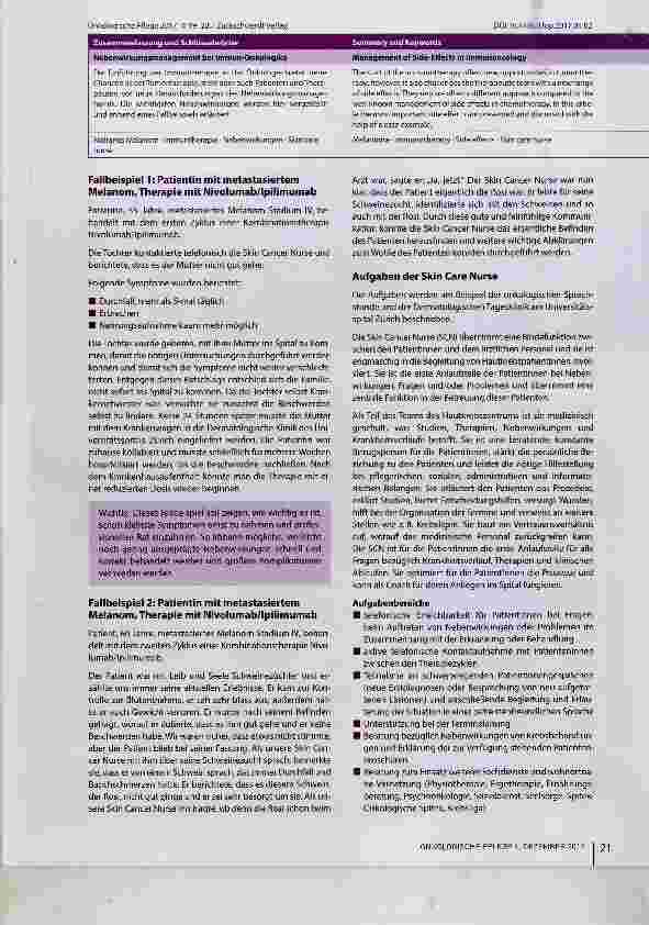 Vorschauseite 3: Nebenwirkungsmanagement bei Immunonkologika Pflegerische Aspekte bei Patienten mit Hauttumoren