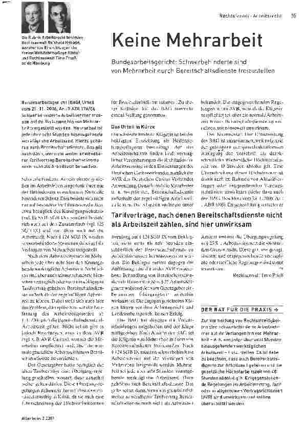 Vorschauseite 1: Keine MehrarbeitBundesarbeitsgericht: Schwerbehinderte sindvon Mehrarbeit durch Bereitschaftsdienste freizustellen