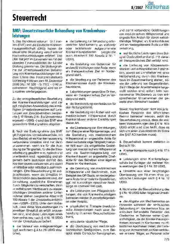 Vorschauseite 1: BMF: Umsatzsteuerliche Behandlung von Krankenhausleistungen