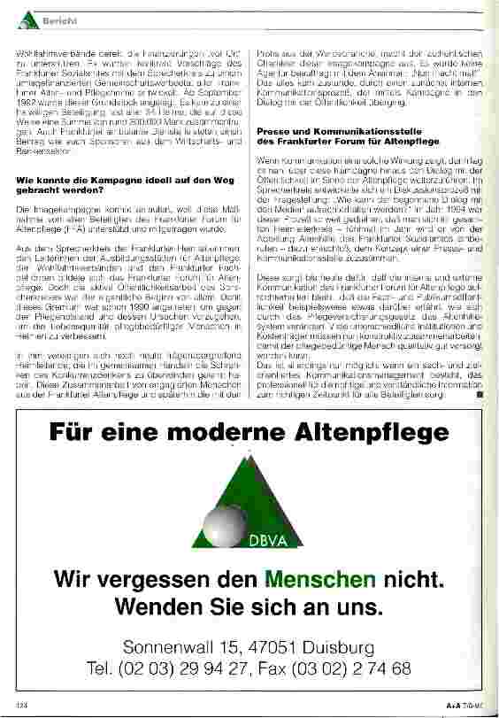 Vorschauseite 4: Es muß nicht gleich eine große Imagekampagne sein Altenpflegeschulen, Pflegeheime und Gewerkschaften wollen über die Imagekampagne des Frankfurter Forums für Altenpflege informier…