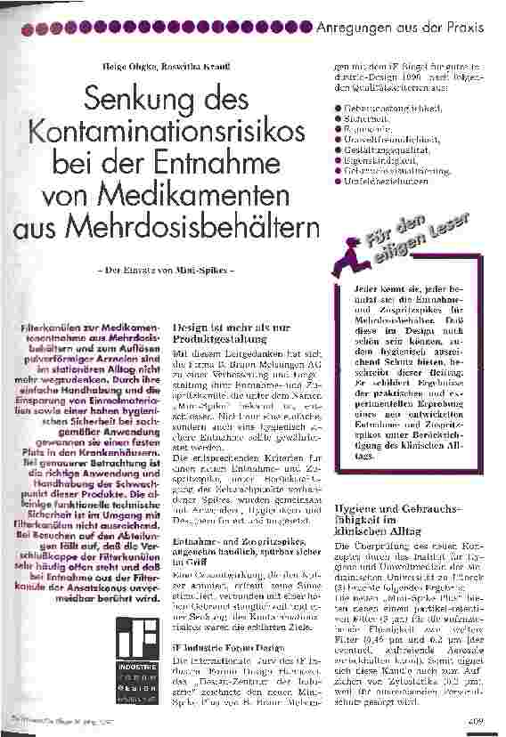 Vorschauseite 1: Senkung des Kontaminationsrisikos bei der Entnahme von Medikamenten aus Mehrdosisbehältern Der Einsatz von Mini-Spikes