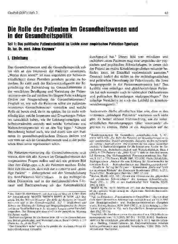 Vorschauseite 1: Die Rolle des Patienten im Gesundheitswesen und in der Gesundheitspolitik