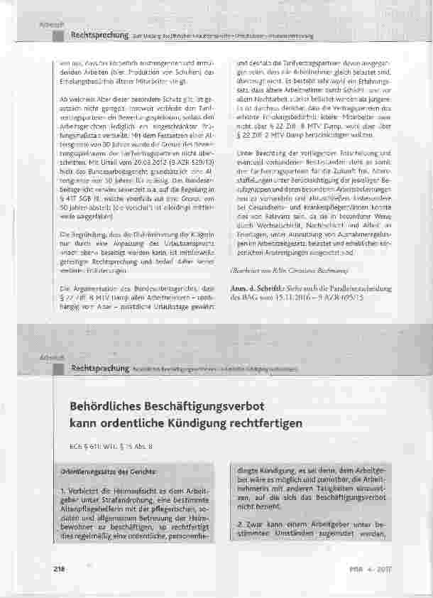 Vorschauseite 1: Behördliches Beschäftigungsverbot kann ordentliche Kündigung rechtfertigen