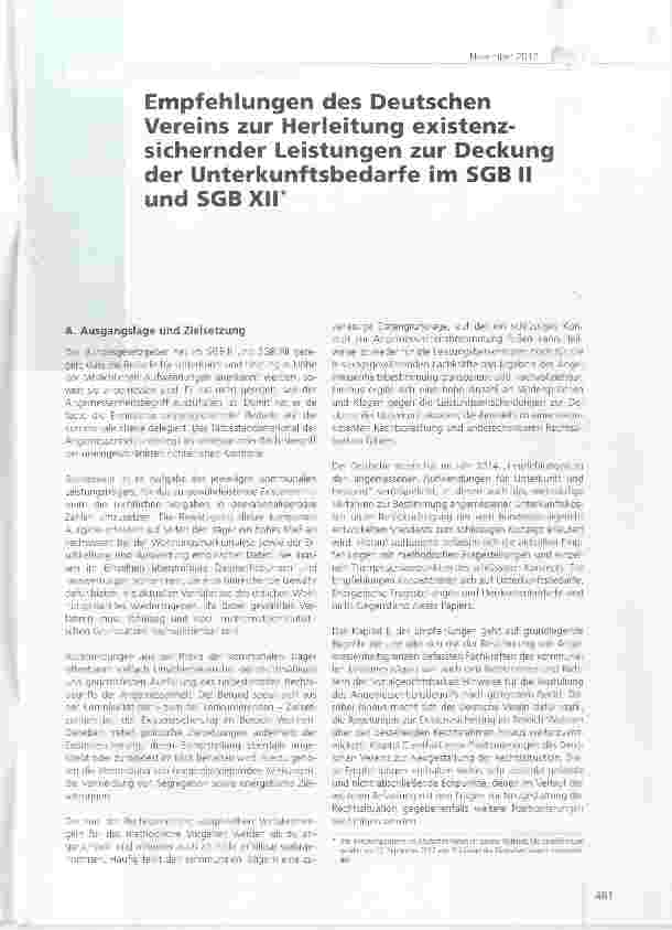 Vorschauseite 1: Empfehlungen des Deutschen Vereins zur Herleitung existenzsichernder Leistungen zur Deckung der Unterkunftsbedarfe im SGB II und SGB XII