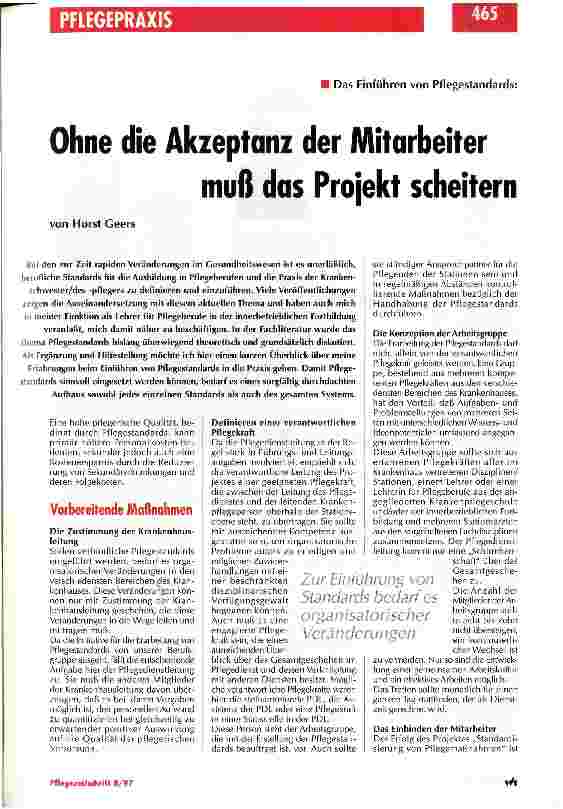 Vorschauseite 1: Ohne die Akzeptanz der Mitarbeiter muß das Projekt scheitern Das Einführen von Pflegestandards