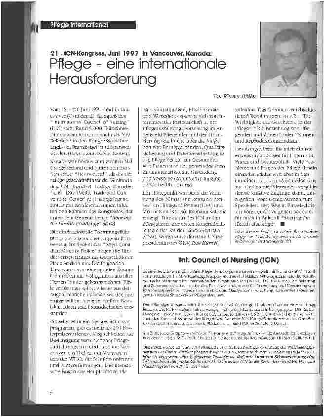 Vorschauseite 1: 21. ICN-Kongreß, Juni 1997 in Vancouver, Kanada: Pflege - eine internationale Herausforderung